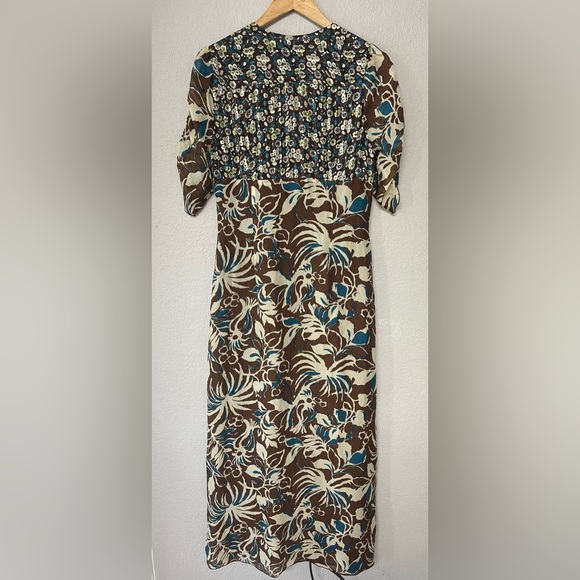 Anna Sui Dress Maxi Midi‎ Ruched Cinched Silk V Neck Brown Floral Women Size 10 - Picture 5 of 9